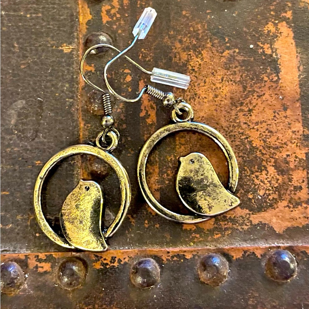 Brass Bird on a Circle Earrings